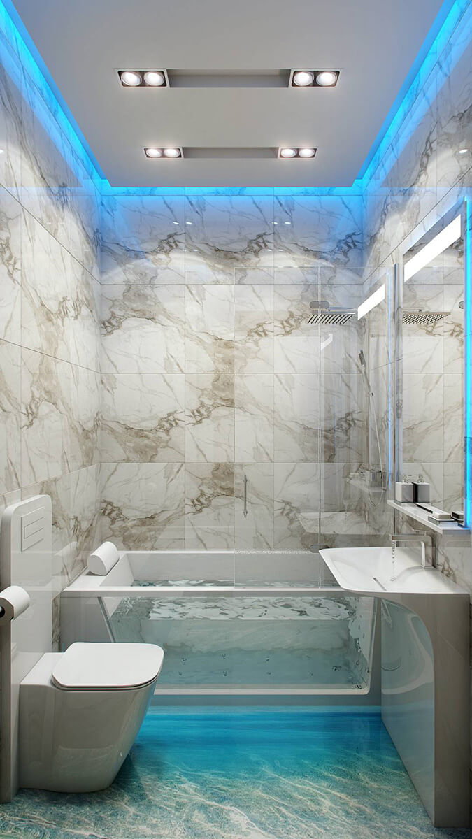 Голубая подсветка с натяжном потолком в ванной